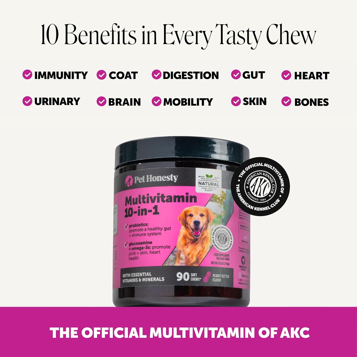 10-in-1 Dog Multivitamin Supplement with Glucosamine & Probiotics - Hip & Joint Support, Digestive Health, Immune Support, Heart & Skin - All-in-One Daily Vitamins & Omega-3s (Peanut Butter, 90 ct) image 2