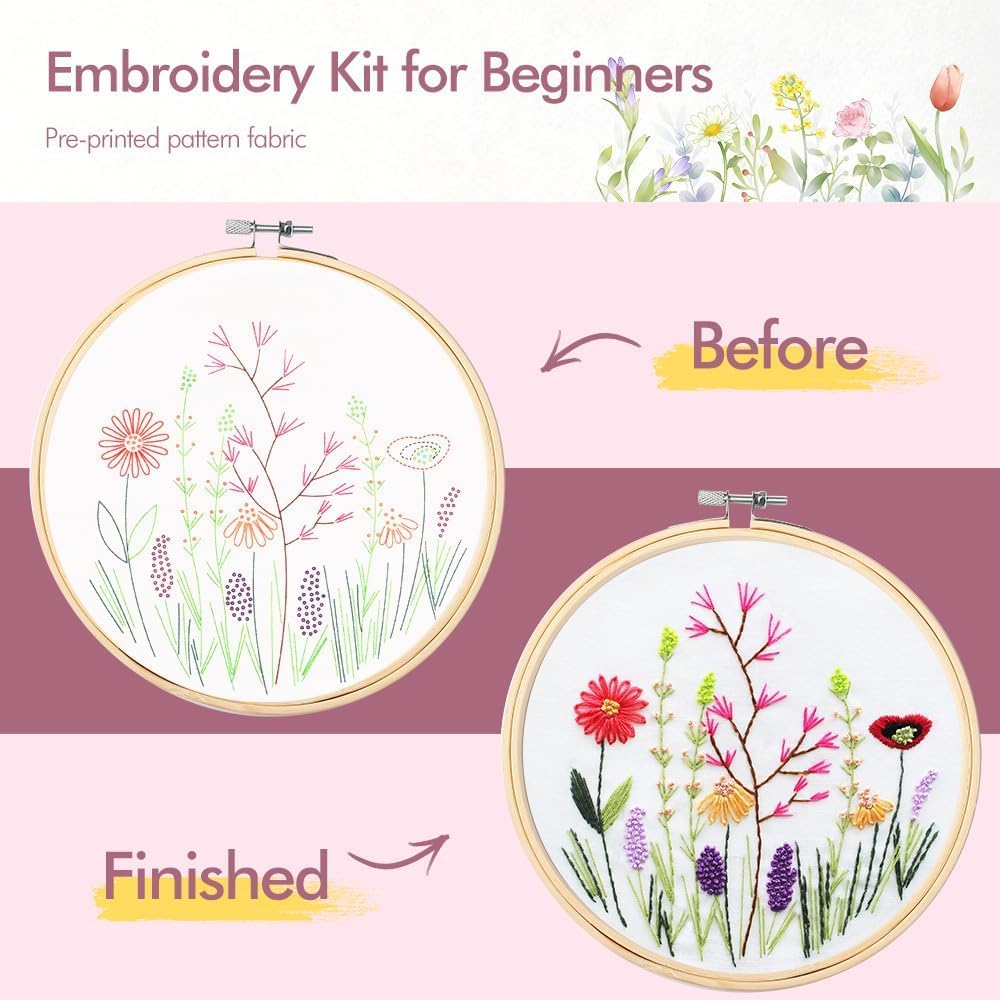 4 Pack Embroidery kit for Beginners Adults DIY Starter Kit, Cross Stitch Kits with Flower Stamped Patterns, Embroidery Hoop, Tools,Colorful Threads,Step by Step Instructions,Hand Craft Lover Gift image 3