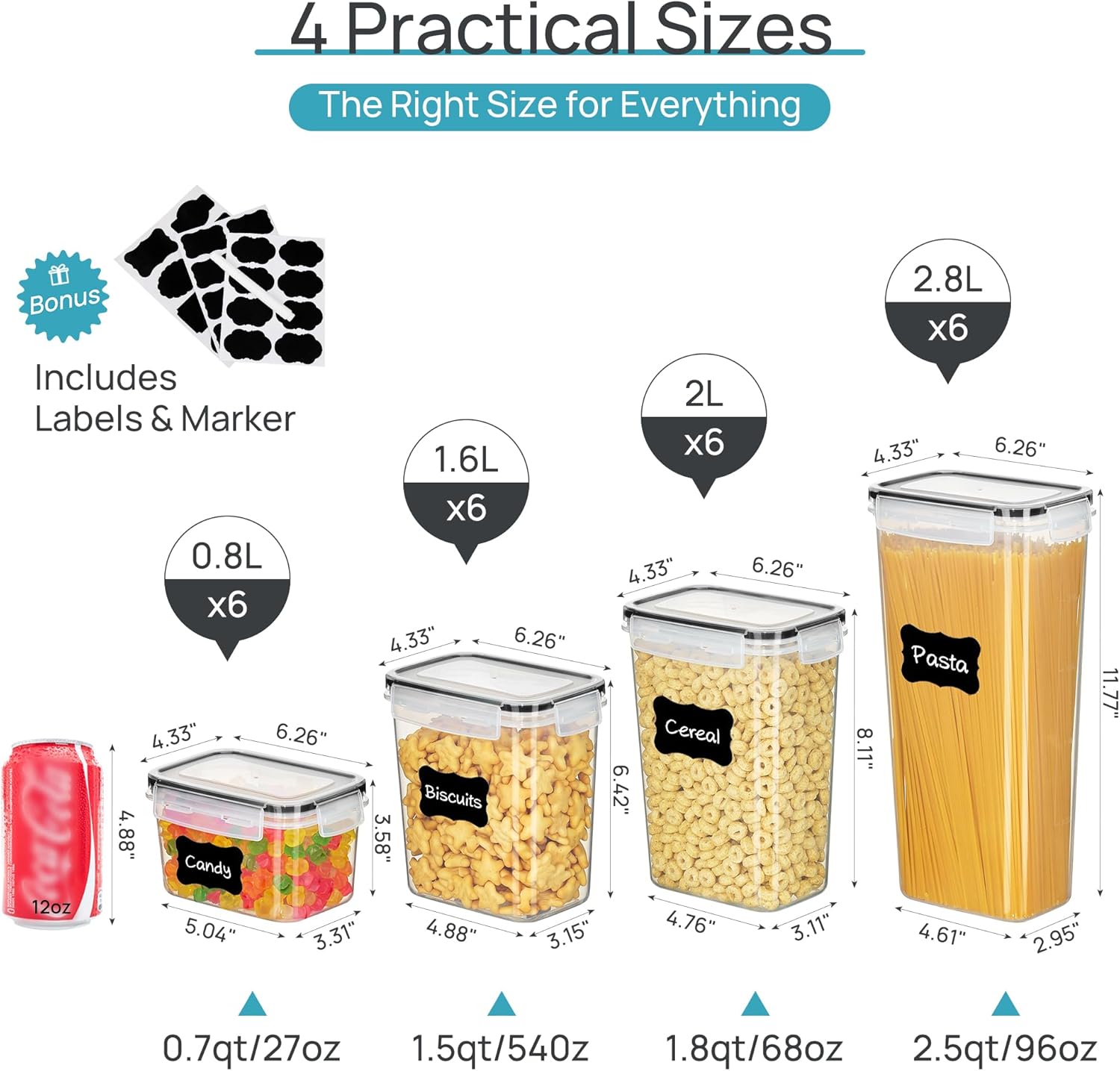 Airtight Food Storage Containers with Lids, Vtopmart 24 pcs Plastic Kitchen and Pantry Organization Canisters for Cereal, Dry Food, Flour and Sugar, BPA Free, Includes 24 Labels，Black image 2