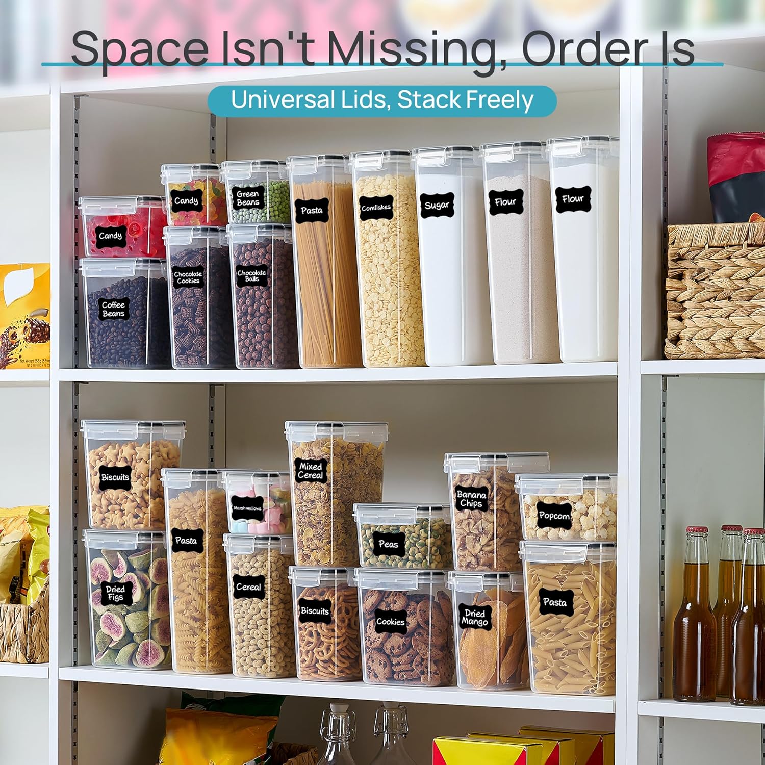 Airtight Food Storage Containers with Lids, Vtopmart 24 pcs Plastic Kitchen and Pantry Organization Canisters for Cereal, Dry Food, Flour and Sugar, BPA Free, Includes 24 Labels，Black image 6