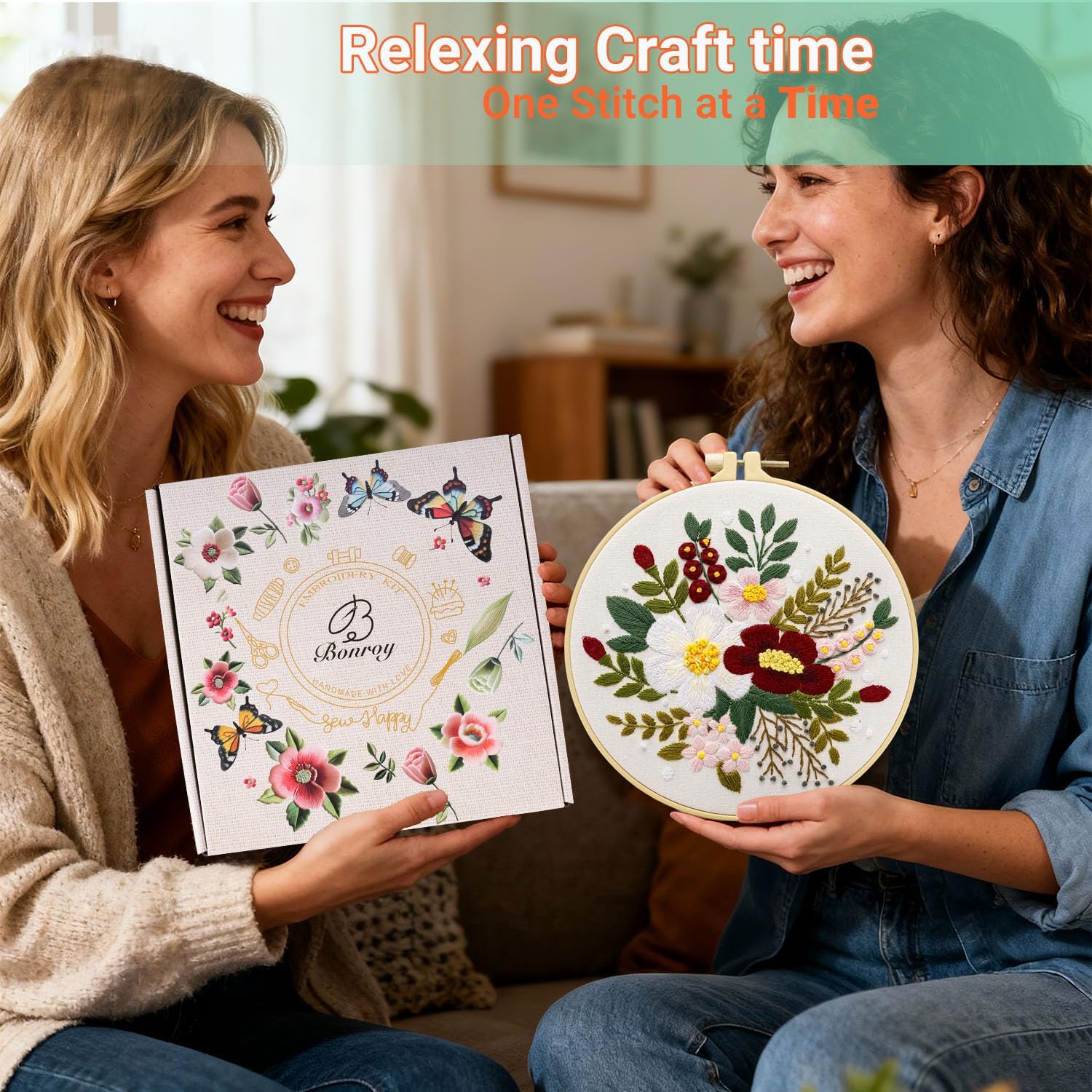 Bonroy 4 Sets Embroidery Set for Beginners Art Crafts Easy Sewing Includes Embroidery Clothes with Pattern, Hoop, Instruction Manual, Color Stitch Set (Assorted 1) image 6
