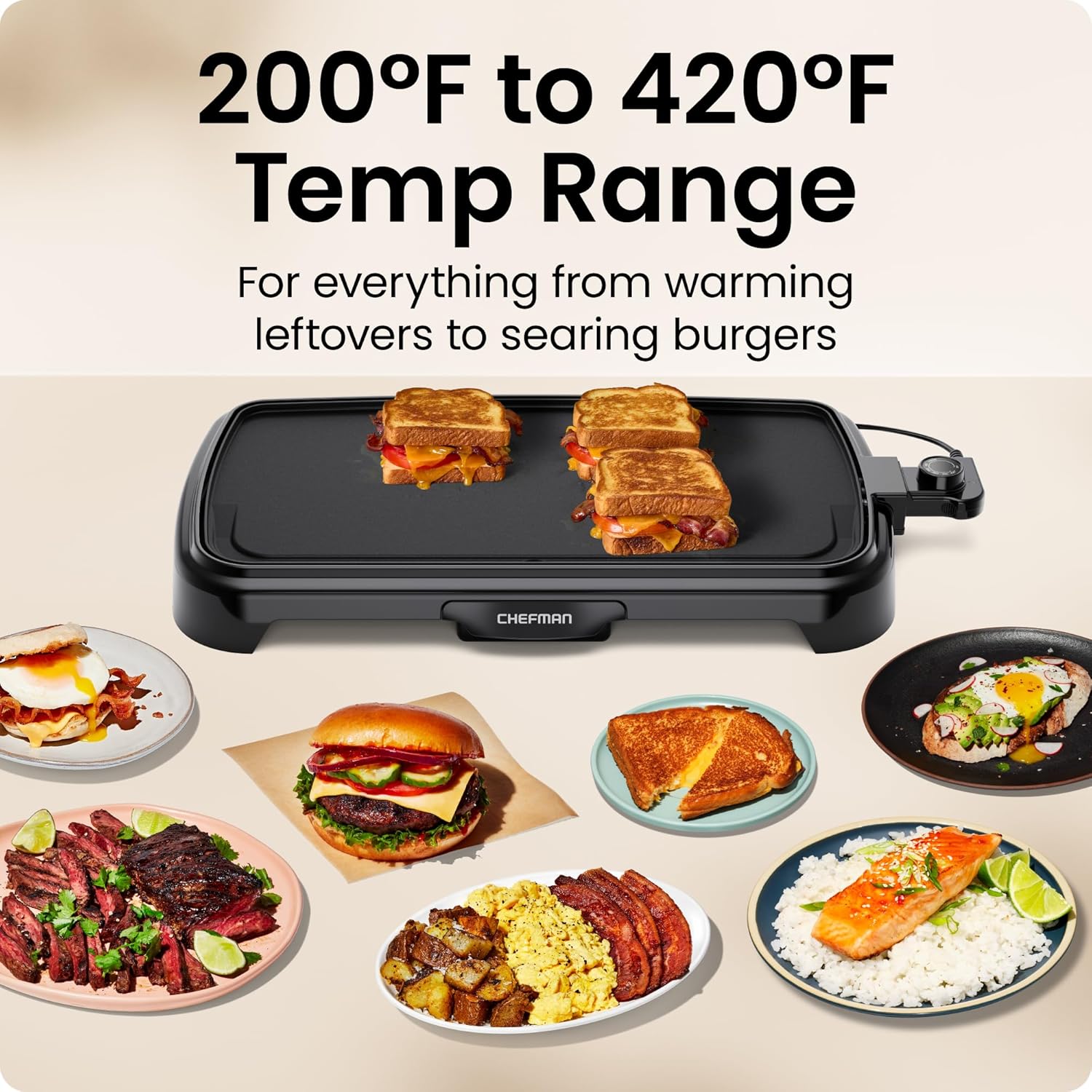 Chefman XL Electric Griddle with Removable Temperature Control, Immersible Flat Top Grill, Burger, Eggs, Pancake Griddle, Nonstick Extra Large Cooking Surface, Slide Out Drip Tray, 10 x 20 Inch image 3