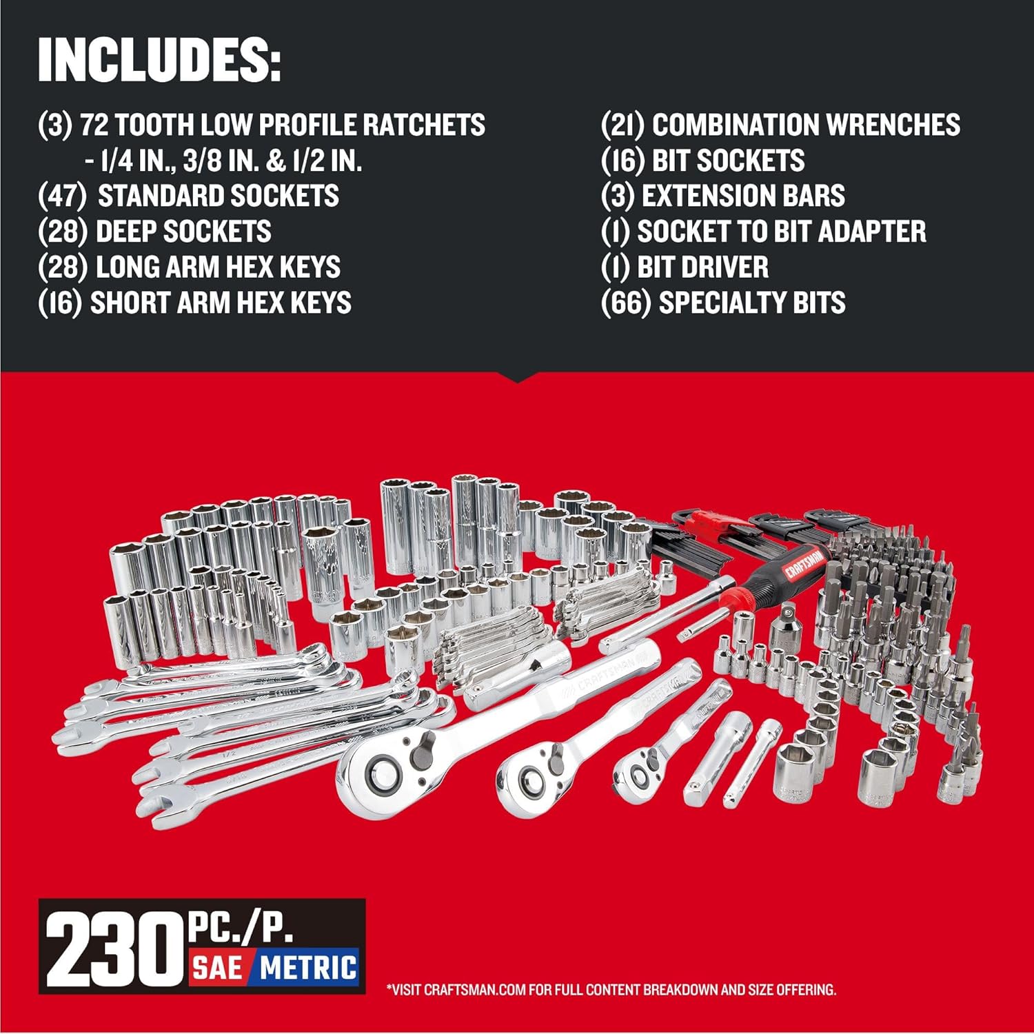 CRAFTSMAN 230 Pcs Mechanics Tool Set, Socket Wrench Set, Car Tool Kit with VERSASTACK Toolbox, SAE and Metric,1/4 in, 3/8 in, and 1/2 Drive, Short and Long Arm Hex Keys (CMMT45306) image 2