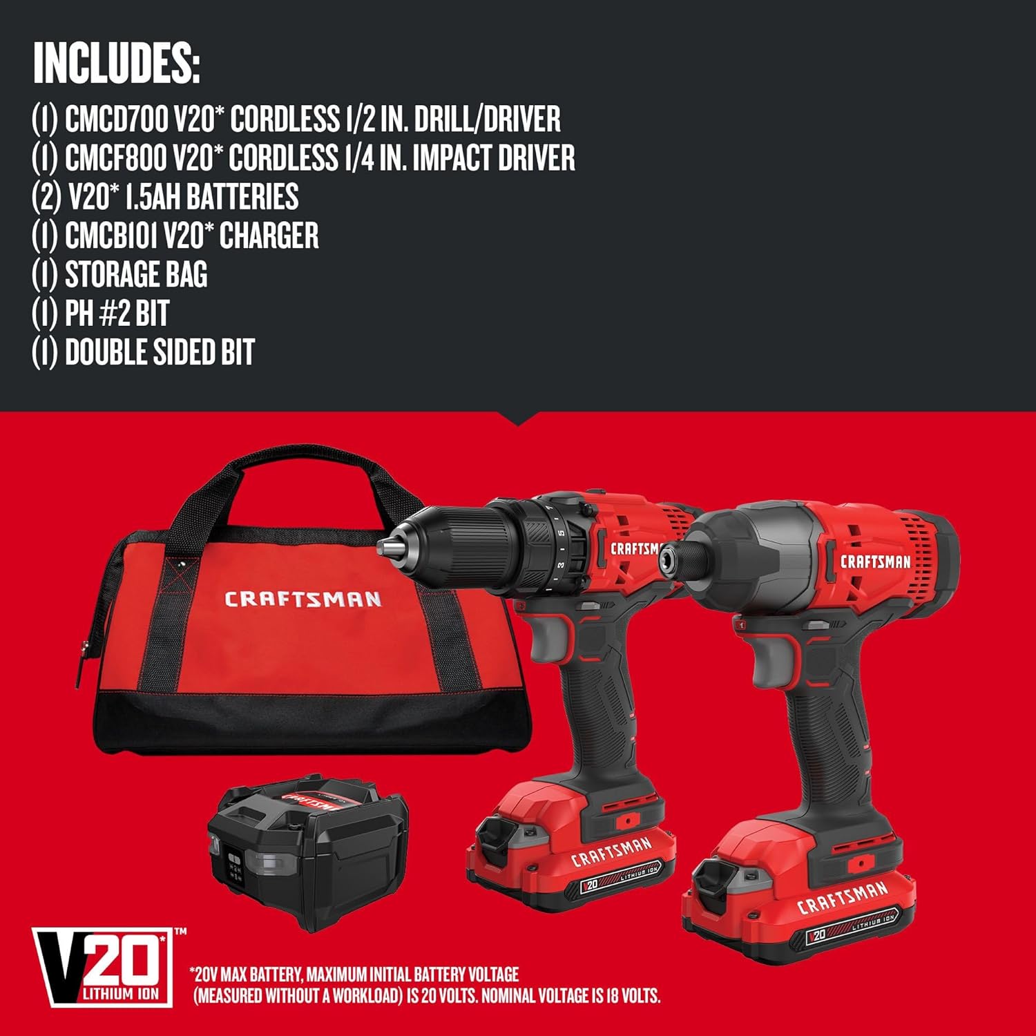 CRAFTSMAN V20 MAX Cordless Drill Driver and Impact Driver Set, Power Tool Set with 2 Batteries and Charger, LED Work Light, 2 Bits, Bag (CMCK200C2) image 2