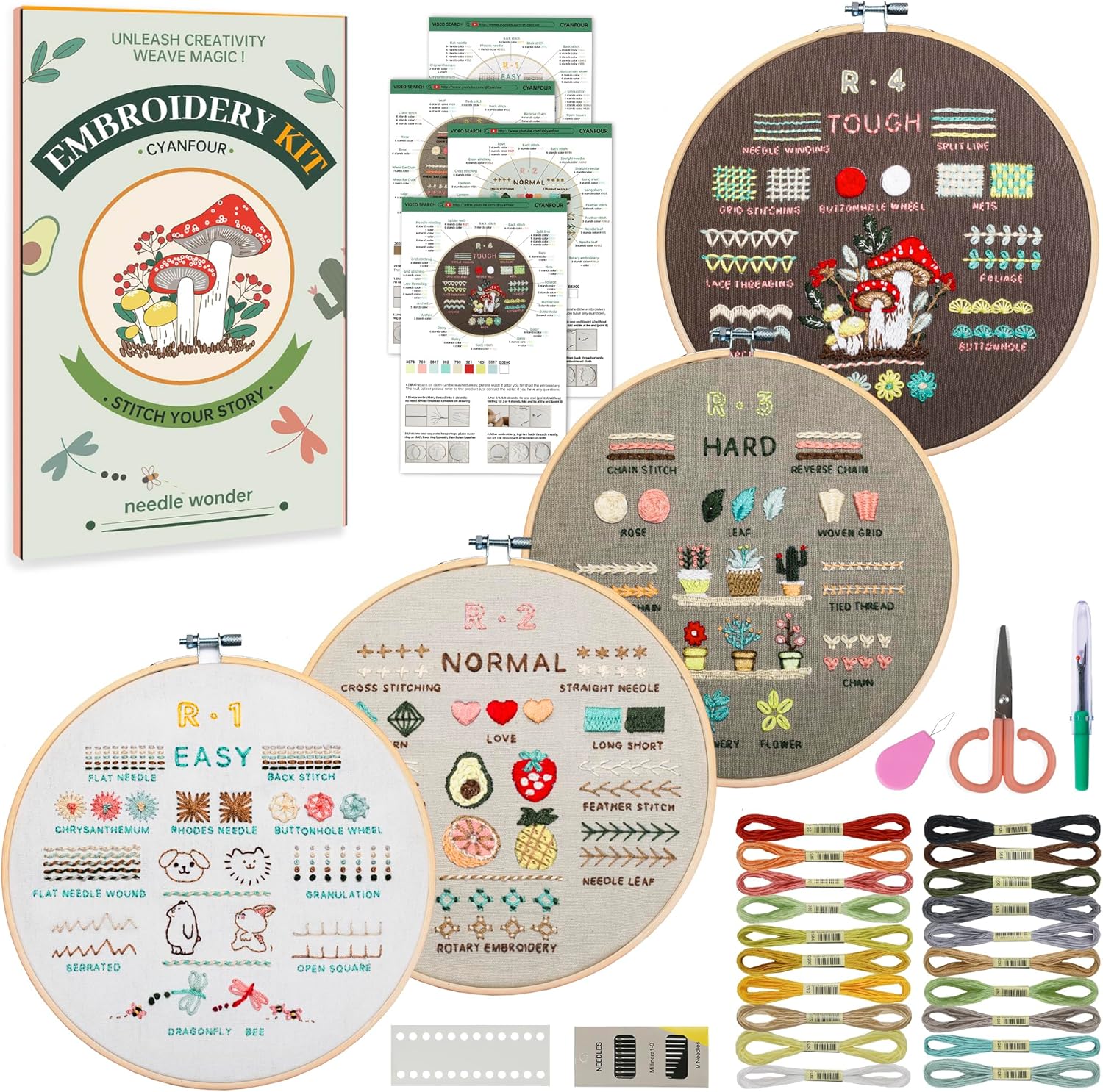 CYANFOUR Embroidery Kit for Beginners, 4 Stages to Learn 38 Stitches, with Step-By-Step Instructions and Clear Videos, Includes Multiple Accessories, Gift for Craft Lovers