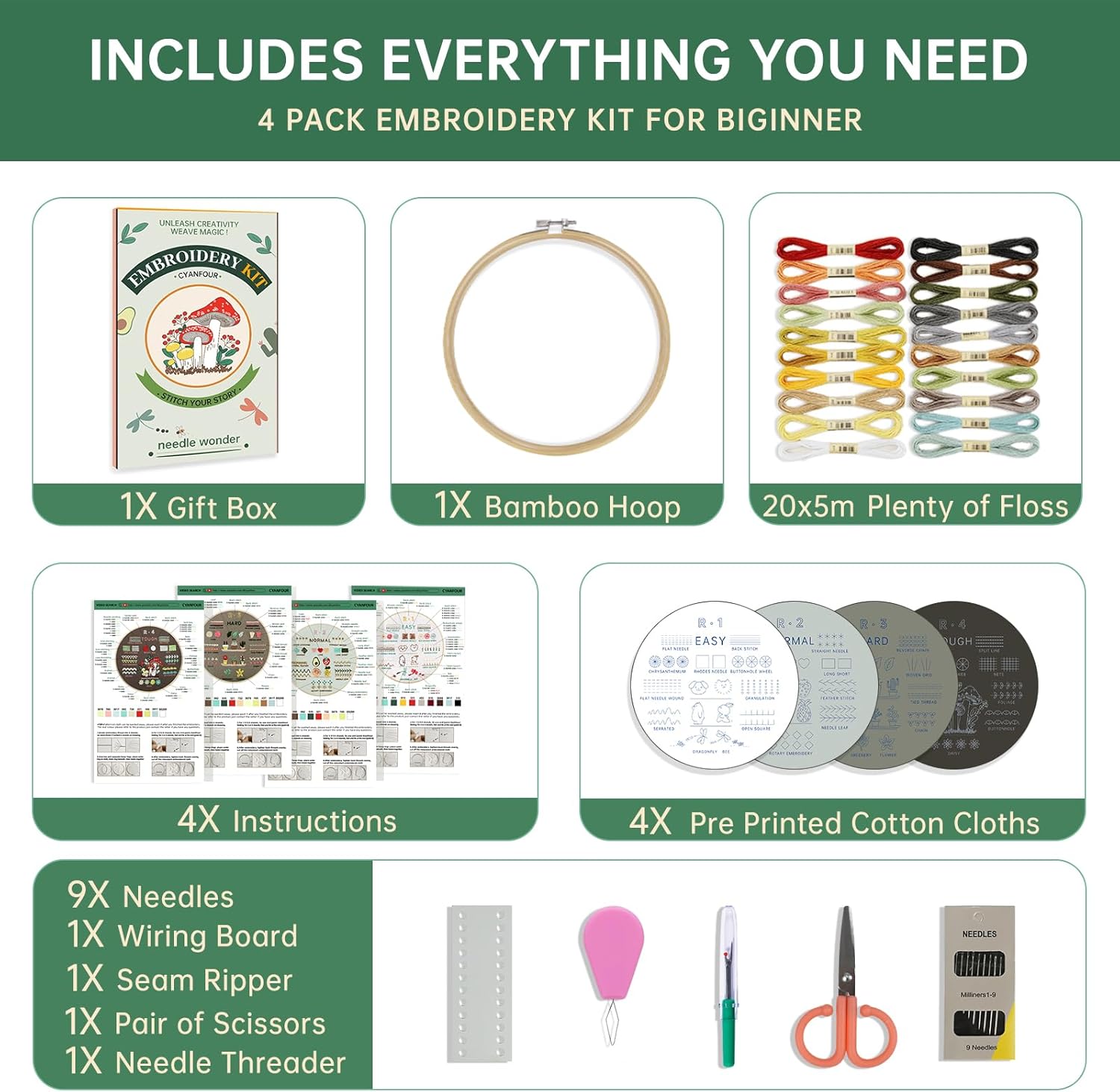 CYANFOUR Embroidery Kit for Beginners, 4 Stages to Learn 38 Stitches, with Step-By-Step Instructions and Clear Videos, Includes Multiple Accessories, Gift for Craft Lovers image 2