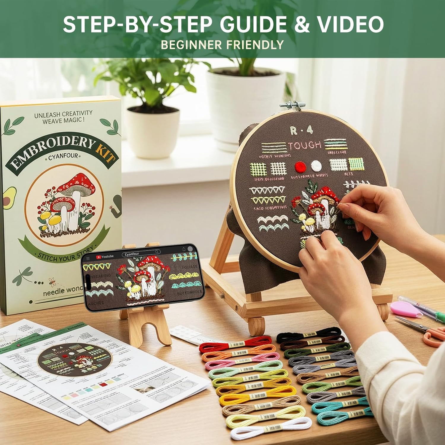 CYANFOUR Embroidery Kit for Beginners, 4 Stages to Learn 38 Stitches, with Step-By-Step Instructions and Clear Videos, Includes Multiple Accessories, Gift for Craft Lovers image 3