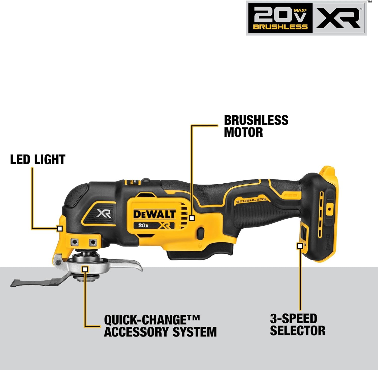 DEWALT 20V MAX XR Oscillating Multi-Tool Cordless, Variable Speed Brushless Motor Multitool with LED Light, Extended Runtime, Includes Two Wood Cutting Blades, Tool Only (DCS356B) image 5