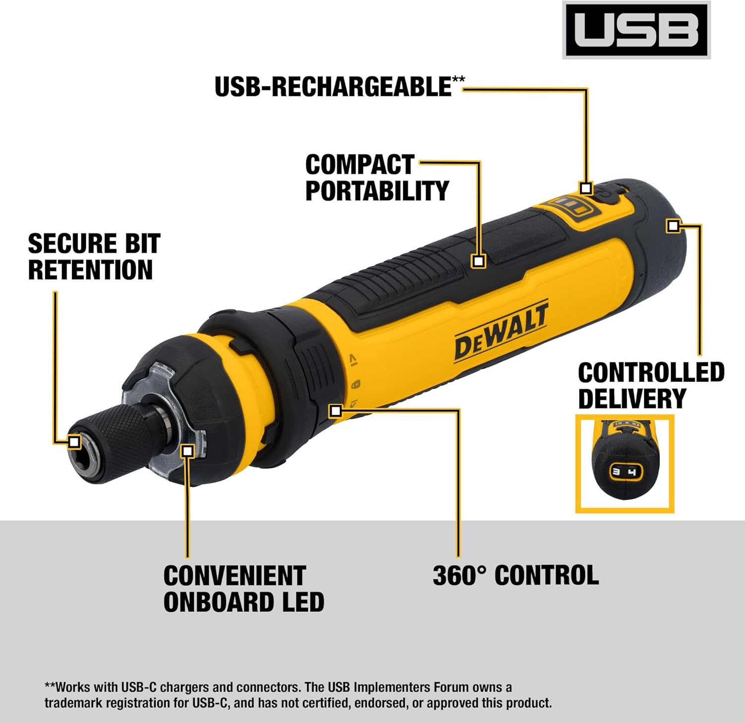 DEWALT Cordless Screwdriver, 4V USB Rechargeable Electric Screwdriver with 12 pcs Screwdriver Bit Set, LED Light, FLEXDRIVE Control, Compact, Ergonomic (DWHT66719) image 2