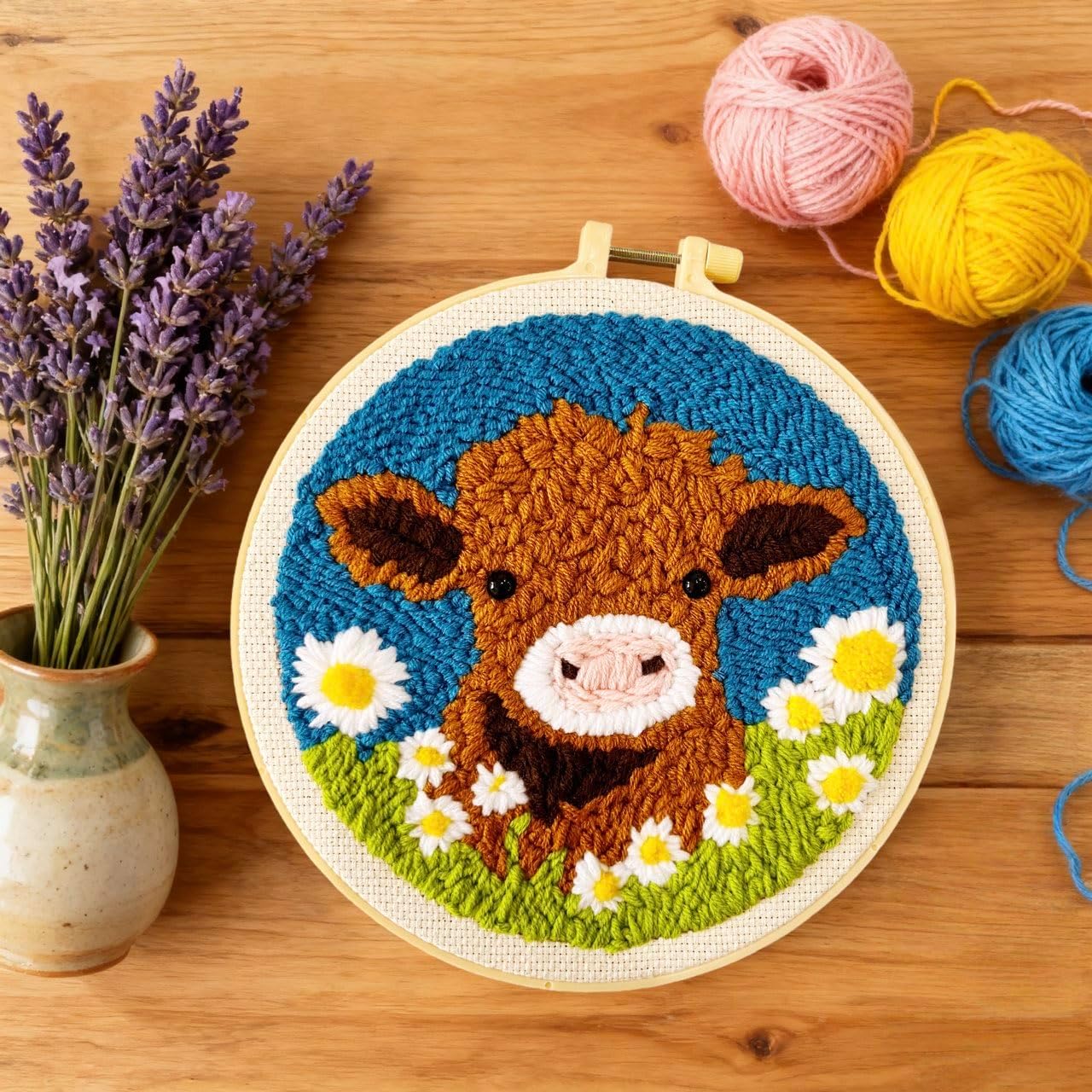 DIY Punch Needle Kits for Beginners Cute Cartoon Highland Cow with Daisy Flower with Hoop Embroidery Punch Needle Starter Craft Set Easy for Adults and Children Festival Gift and Decoration 20x20cm-1 image 3