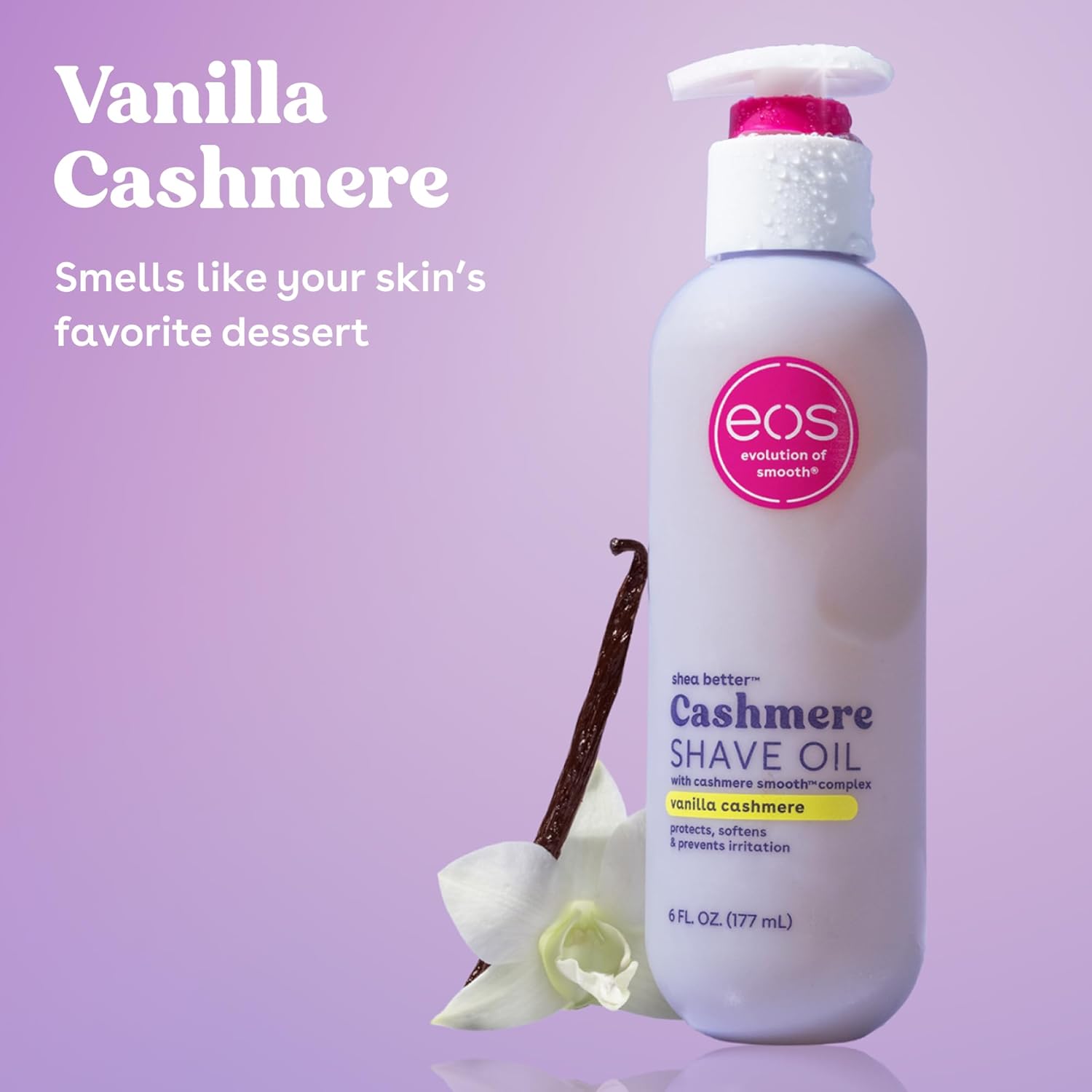 eos Cashmere Shave Oil ‚Äì Vanilla Cashmere, Moisturizing Shave Oil with Shea Butter & Glycerin, Helps Prevents Irritation & Razor Burn, Vegan, 6 fl oz image 2