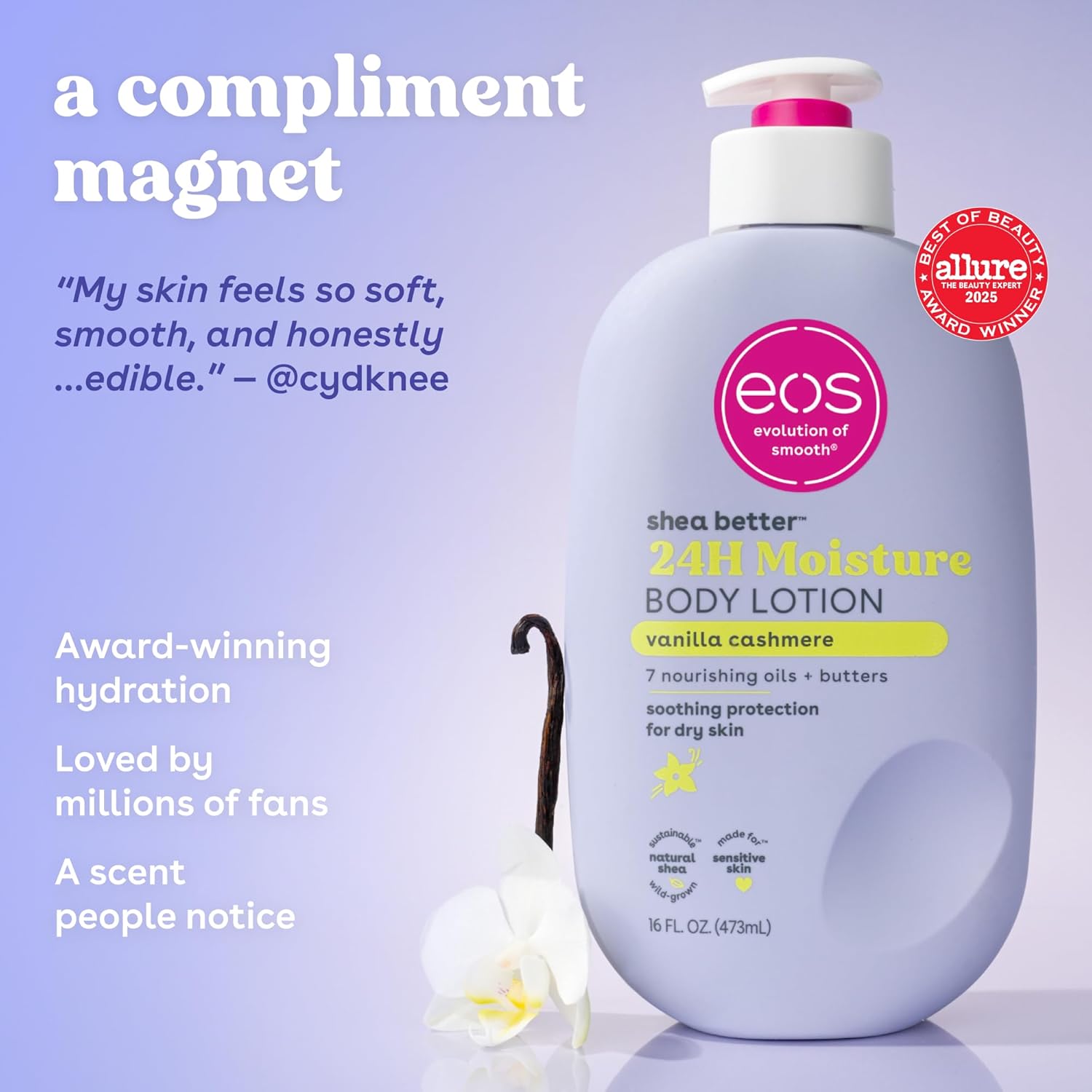 eos Shea Better Body Lotion Vanilla Cashmere, 24-Hour Moisture Skin Care, Lightweight & Non-Greasy, Natural Shea, Vegan, Vanilla Body Lotion, 16 fl oz image 3