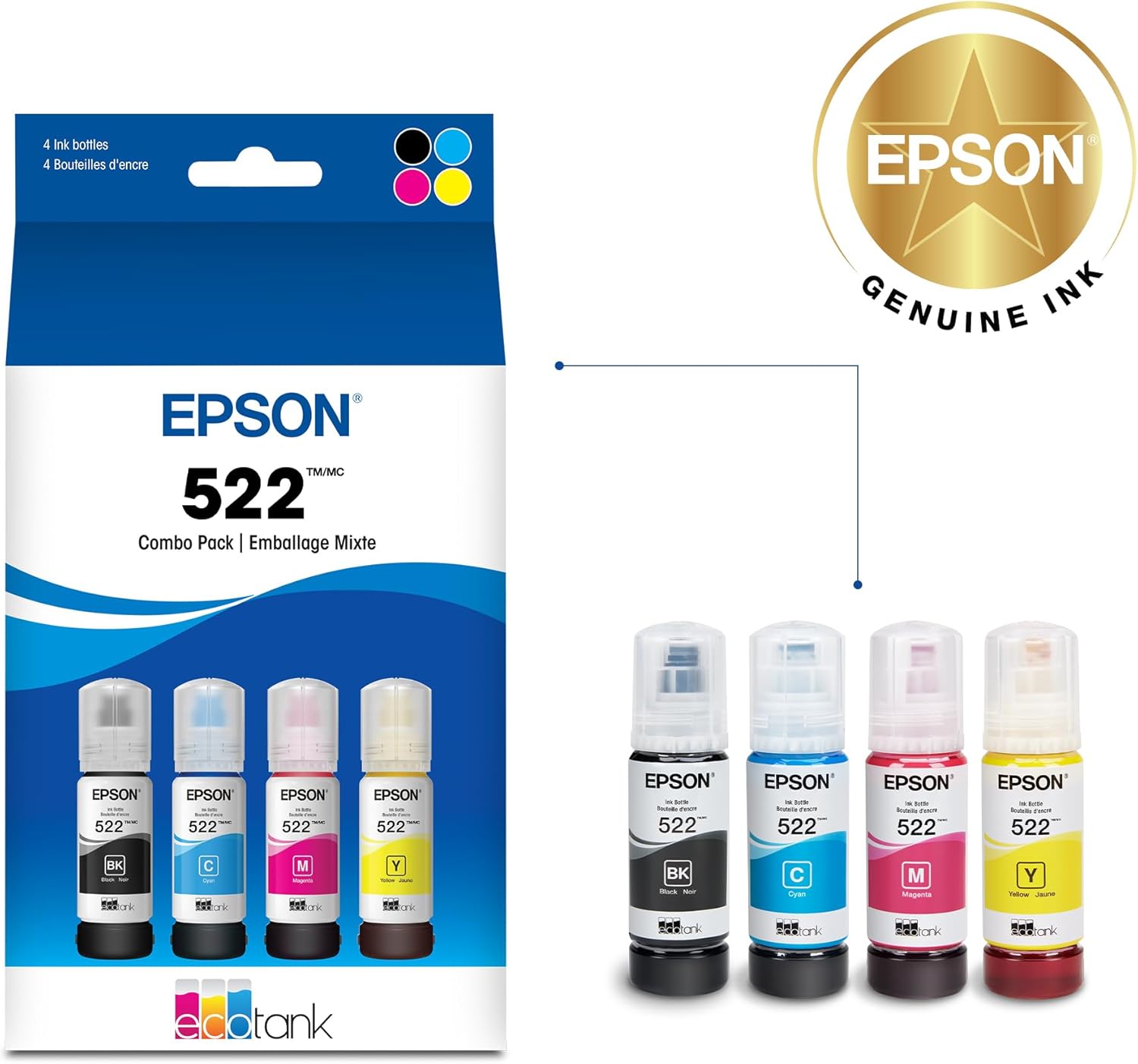 Epson 522 EcoTank Ink Ultra-high Capacity Bottle Black & Color Combo Pack image 2