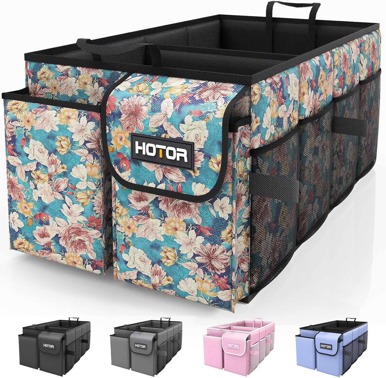 HOTOR Trunk Organizer- Car Organizer, Foldable Trunk organizer for SUVs & Sedans, Sturdy Car Organization for Car Accessories, Tools, Sundries, Blue Flower, 2 Compartments, 21.3"√ó12.6"√ó10.6"