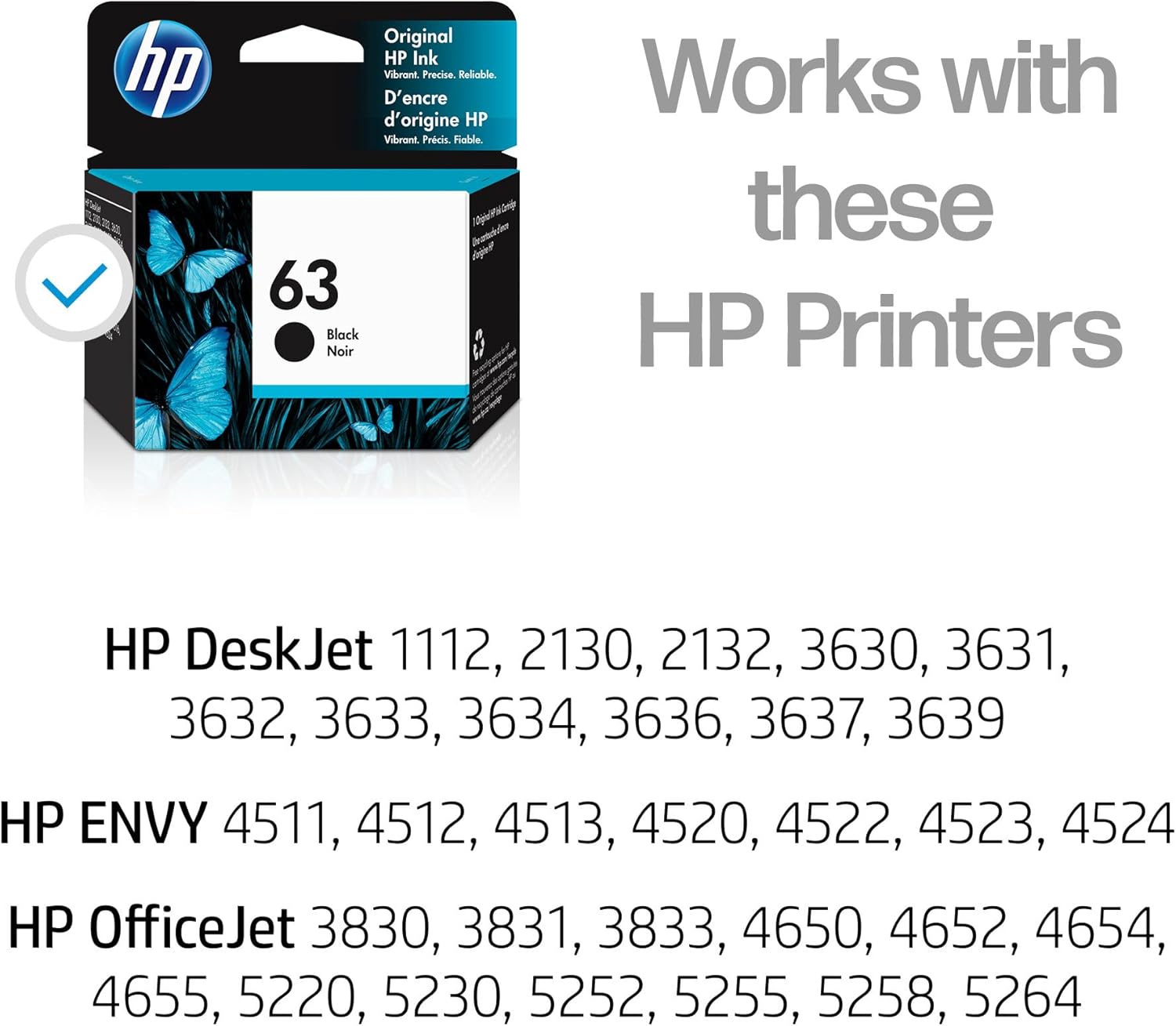 HP 63 Black Ink Cartridge | Works with DeskJet 1112, 2130, 3630; Envy 4510, 4520; OfficeJet 3830, 4650, 5200 Series | Eligible for Instant Ink | F6U62AN image 2