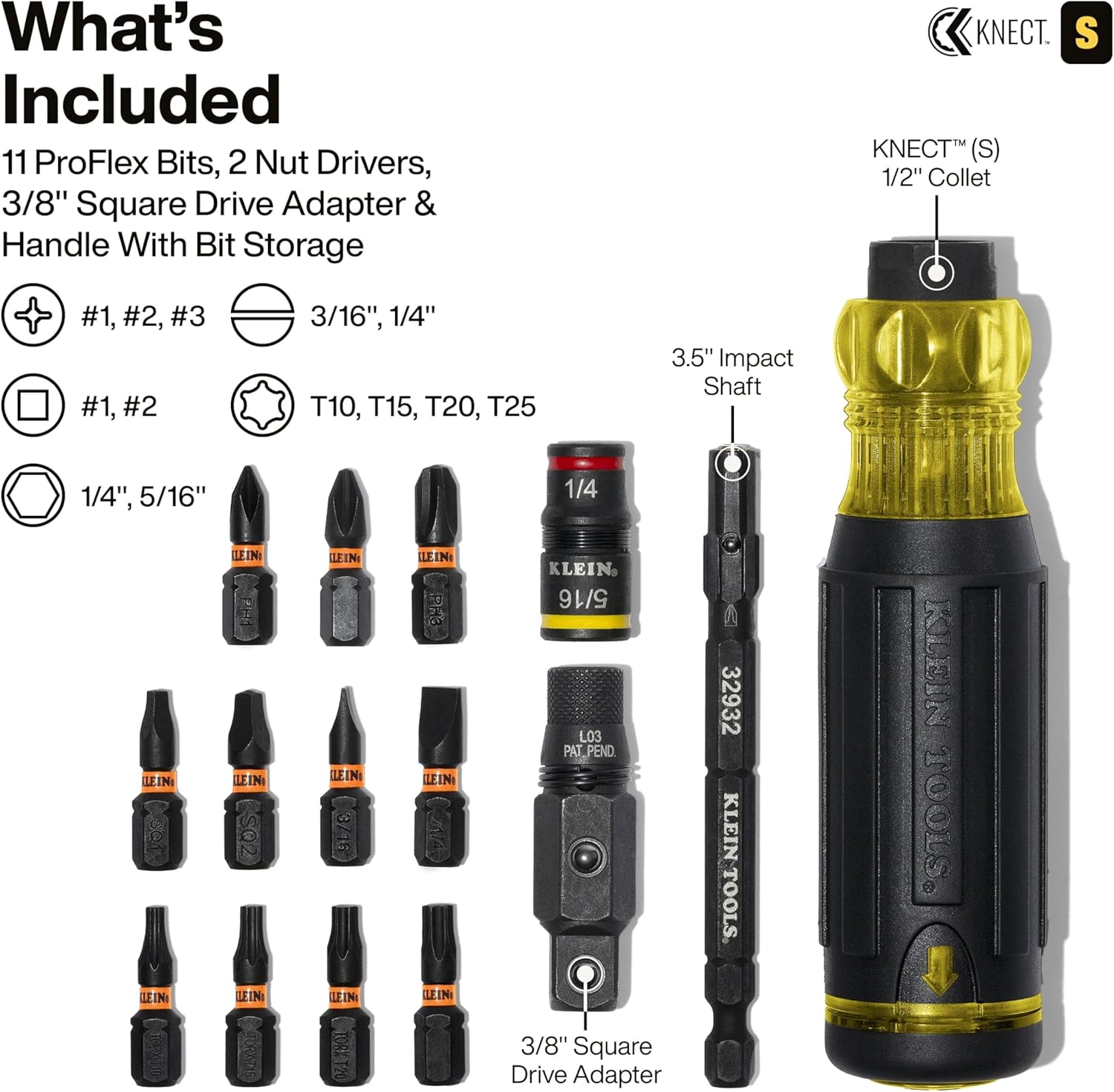 Klein Tools 32516HD KNECT 16-in-1 Impact-Rated Hybrid Screwdriver/Nut Driver, Magnetic, Flip Socket, 11 Bits, 2 Nut Drivers, 3/8-Inch Square Adapter image 2