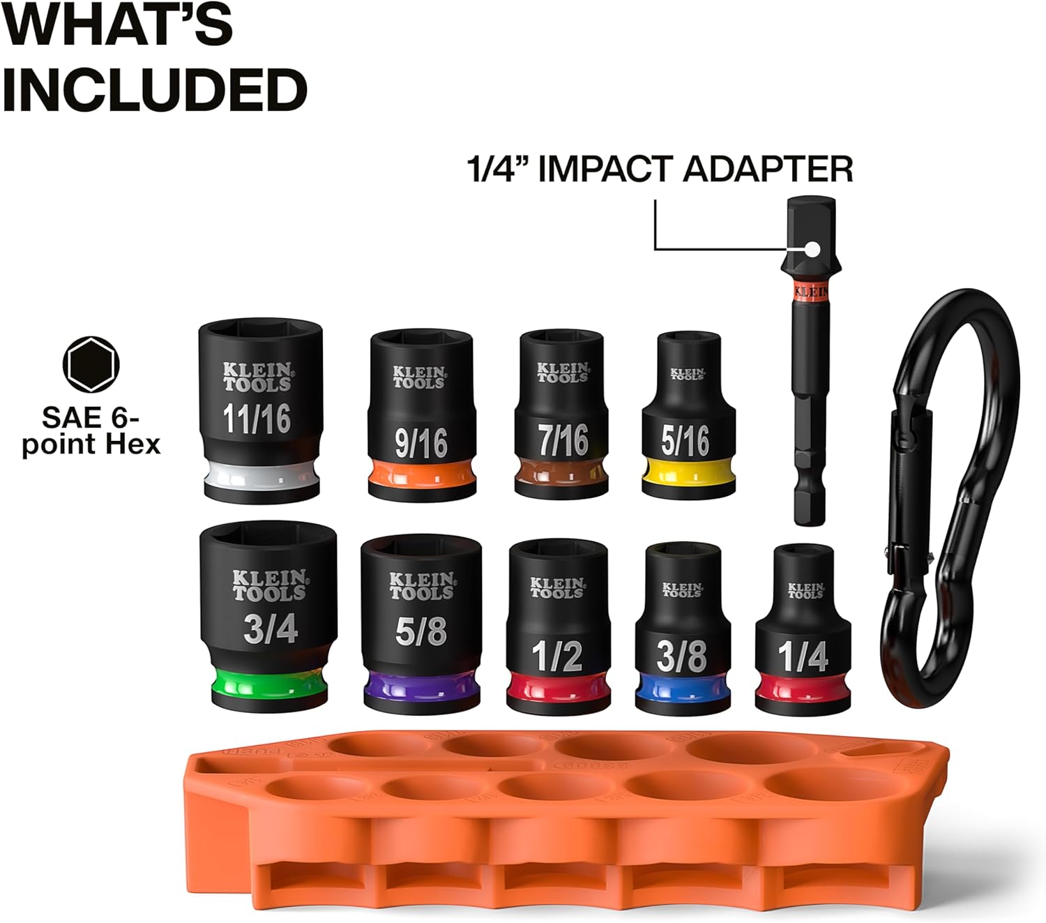 Klein Tools 33809 Grab-And-Go Impact Socket Set, SAE, 10-Piece Set with Sleeve, Carabiner, and 3/8-Inch Drive, Color-Coded 1/4, 5/16, 3/8, 7/16, 1/2, 9/16, 5/8, 11/16, and 3/4-Inch Sockets image 2