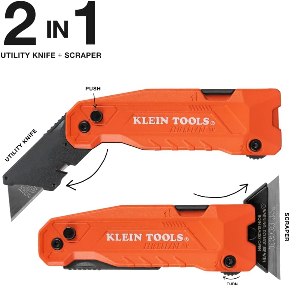 Klein Tools 44306 FLICKBLADE 2-in-1 Folding Utility Knife and Scraper with Built-In Blade Storage, Dual Locking Positions, Includes 3 Triple-Ground Carbon Steel Blades image 2