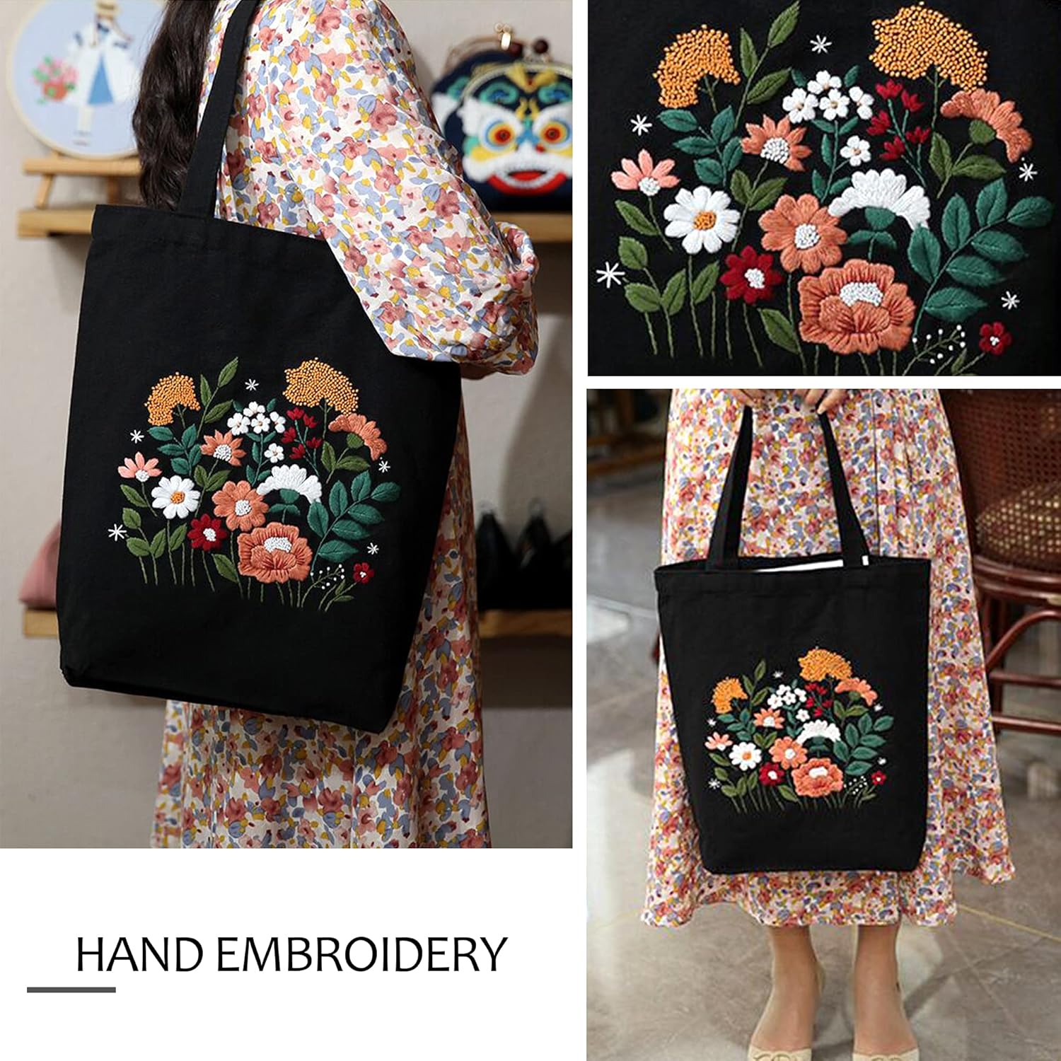 MAMUNU Canvas Tote Bag Embroidery Kit with Pattern for Beginners, Arts and DIY Crafts Kits for Adults, Include Instructions Embroidery Bag, Embroidery Hoops, Color Threads and Tool (Black) image 3