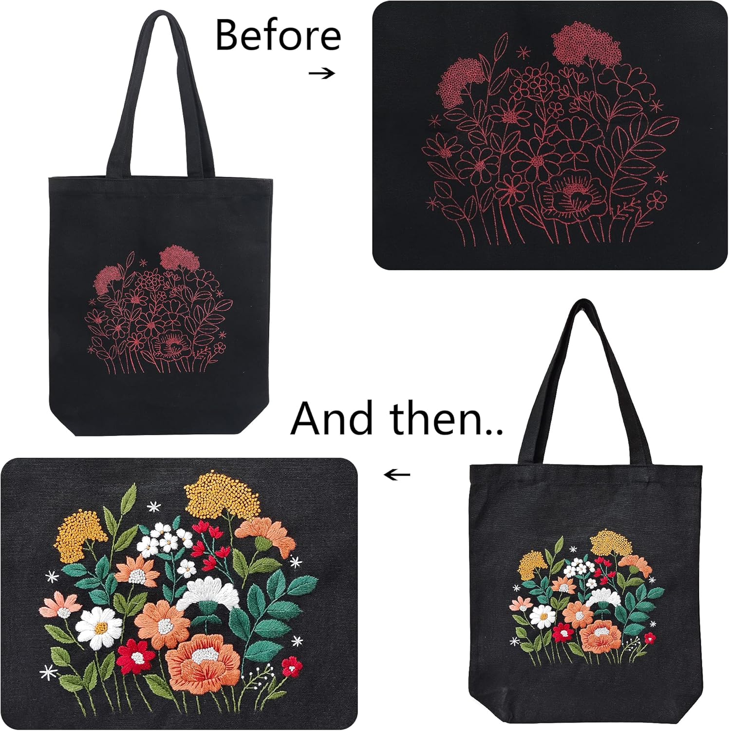 MAMUNU Canvas Tote Bag Embroidery Kit with Pattern for Beginners, Arts and DIY Crafts Kits for Adults, Include Instructions Embroidery Bag, Embroidery Hoops, Color Threads and Tool (Black) image 5