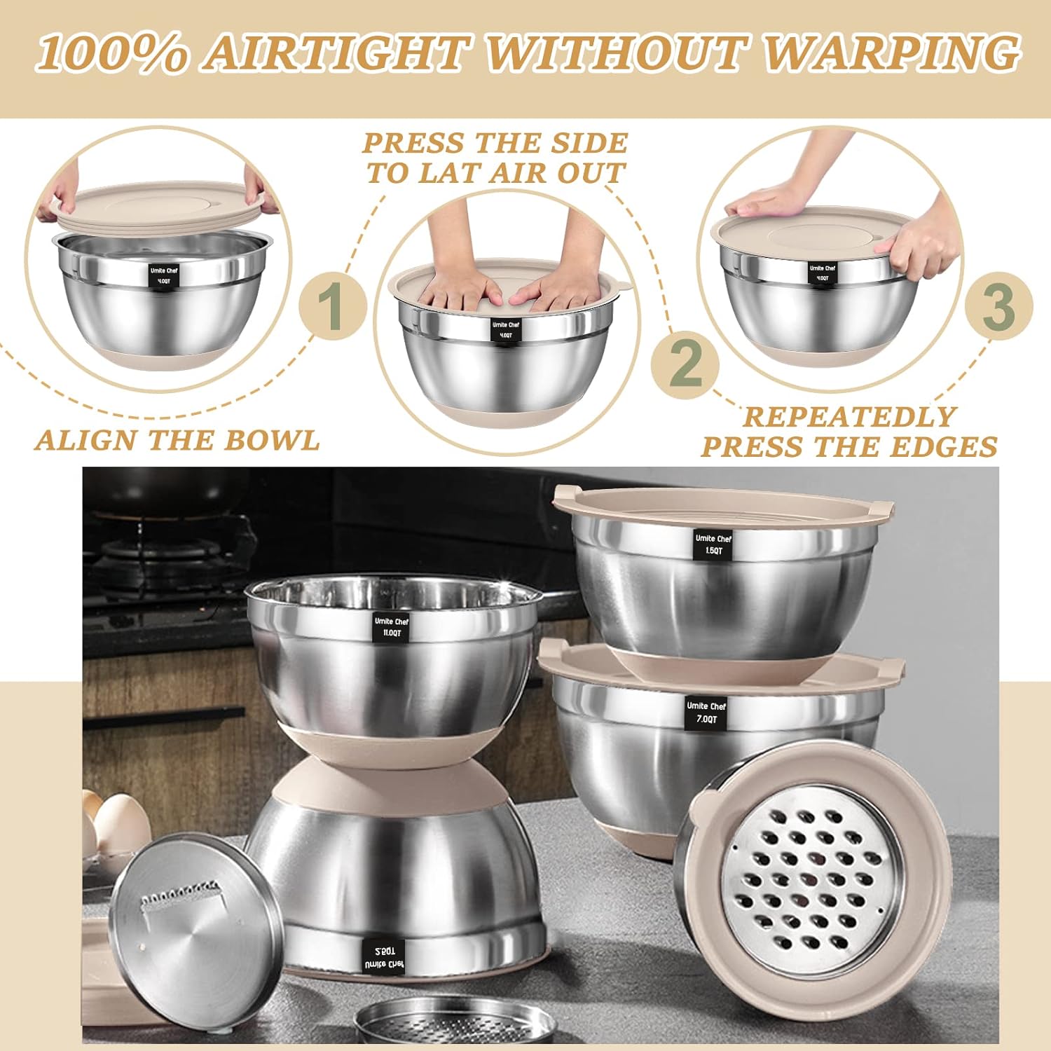 Mixing Bowls with Airtight Lids Set, 26PCS Stainless Steel Khaki Bowls with Grater Attachments, Non-Slip Bottoms & Kitchen Gadgets Set, Size 7, 4, 2.5, 2.0,1.5, 1QT, Great for Mixing & Serving image 7
