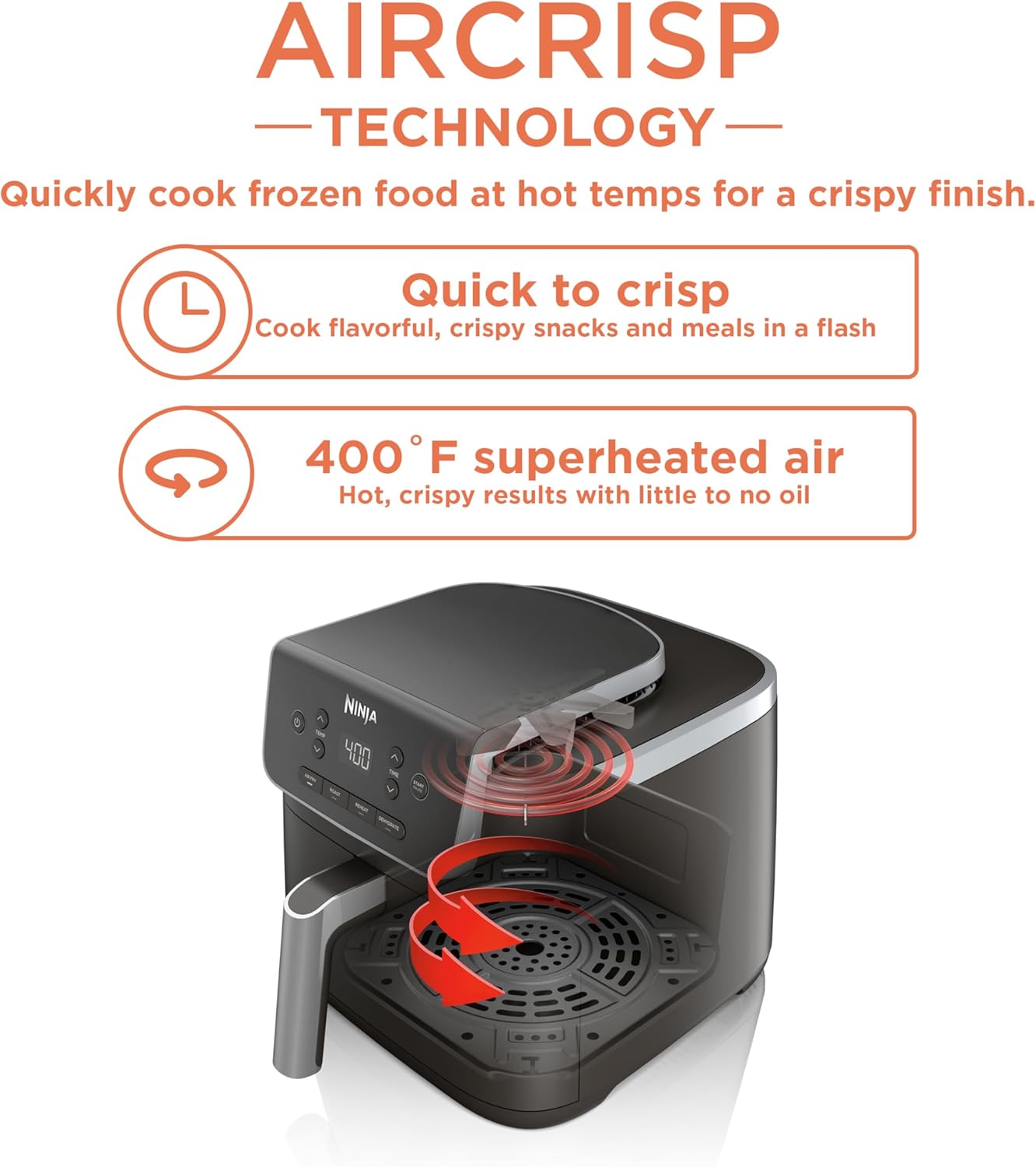 Ninja Air Fryer with Air Crisp | 5 QT Capacity fits up to 4lbs of Fries | 4-in-1 Pro Air Fry, Roast, Reheat, Dehydrate | 400°F Max Temp | 1750 Watts | W/Nonstick Basket & Crisper Plate | Grey | AF141 image 2