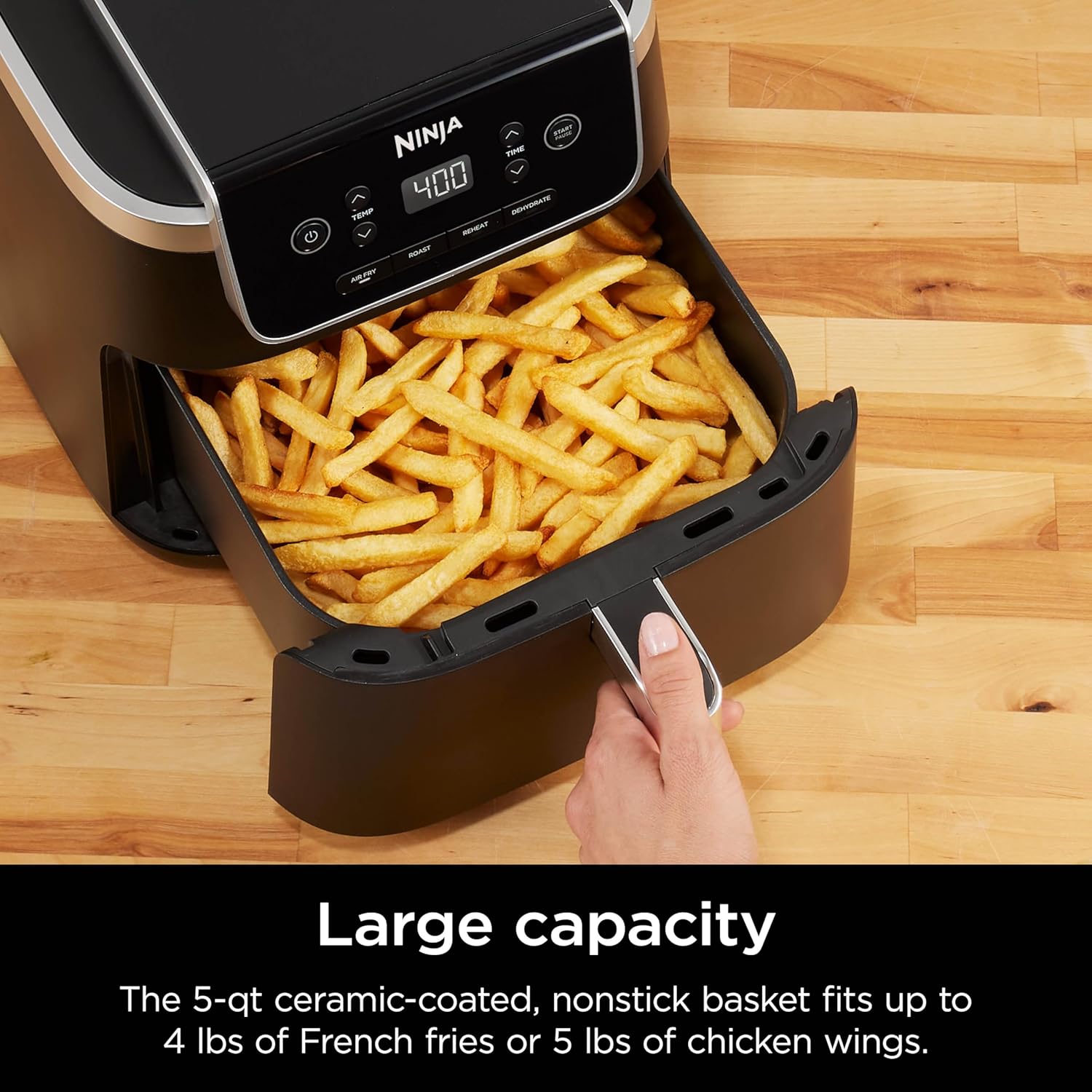 Ninja Air Fryer with Air Crisp | 5 QT Capacity fits up to 4lbs of Fries | 4-in-1 Pro Air Fry, Roast, Reheat, Dehydrate | 400°F Max Temp | 1750 Watts | W/Nonstick Basket & Crisper Plate | Grey | AF141 image 3