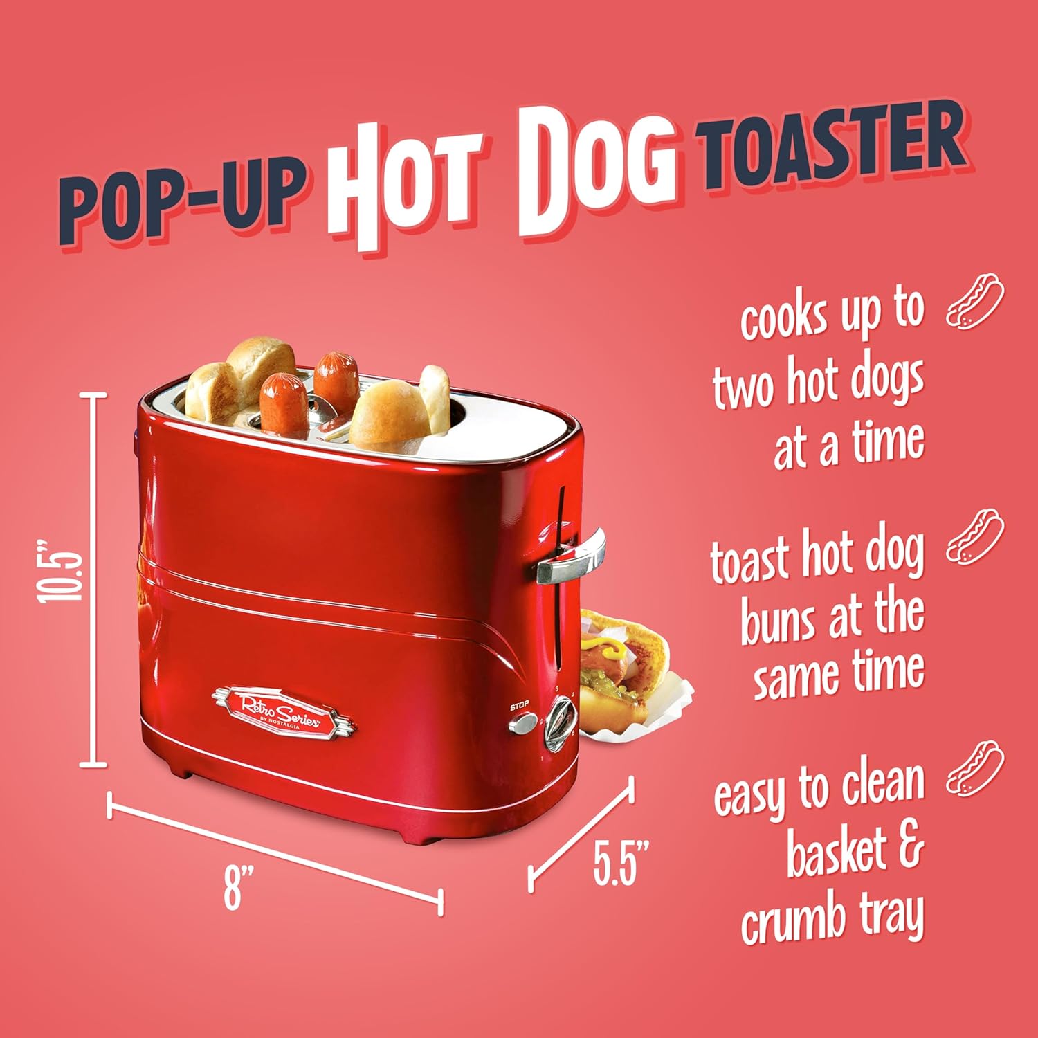 Nostalgia HDT600RETRORED Retro Pop-Up 2 Hot Dog and Bun Toaster, With Mini Tongs, Works With Chicken Dogs, Turkey Dogs, Veggie Links, Sausages and Brats image 2
