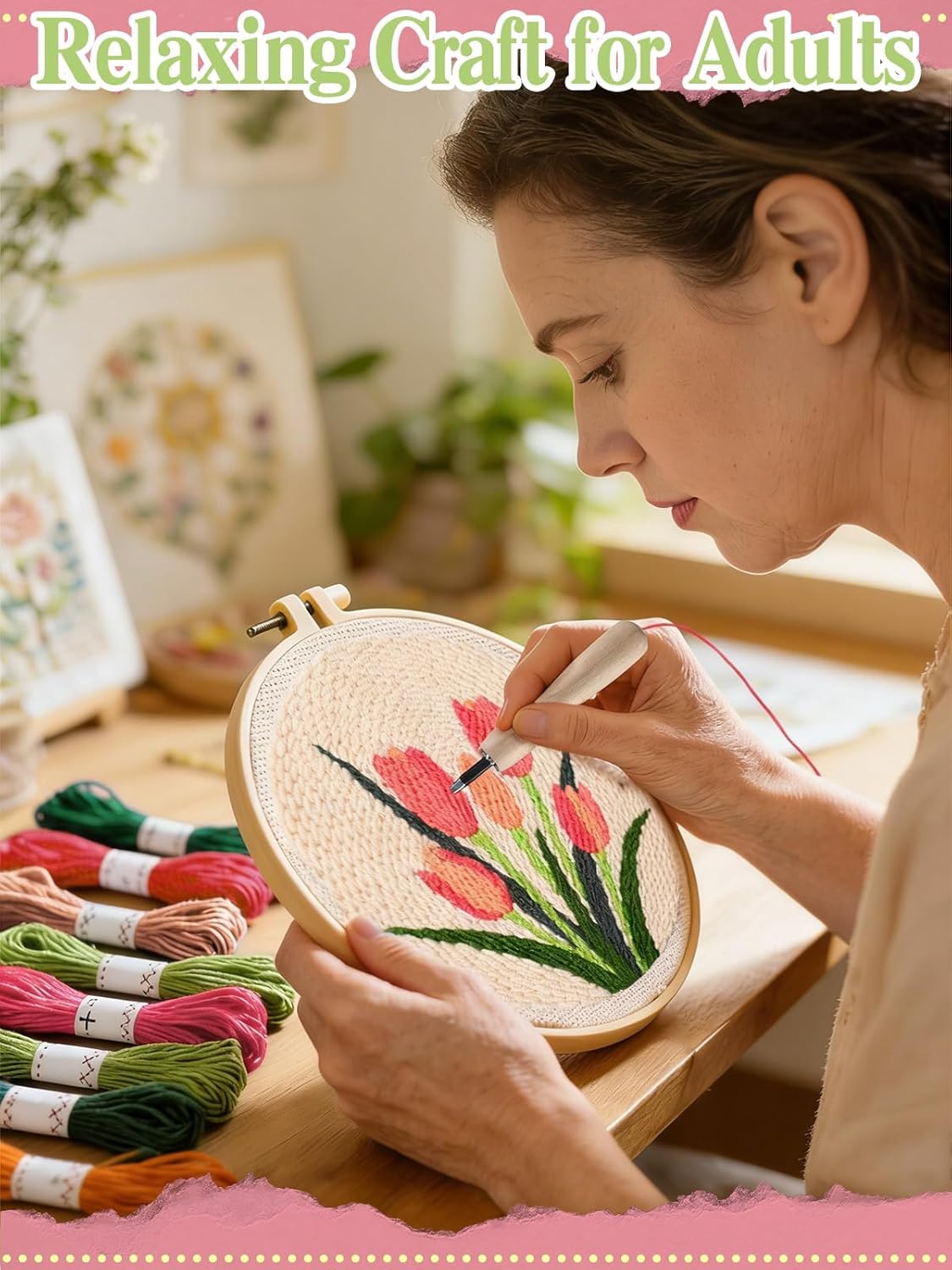 Punch Needle Kit Adults Beginner- Step-by-Step Guide & Video, Including Punch Needle Fabric with Pattern/Hoop/Needle/Yarns, Spring Embroidery Craft Kits, Easy Hobby Gifts for Women, Tulip image 3