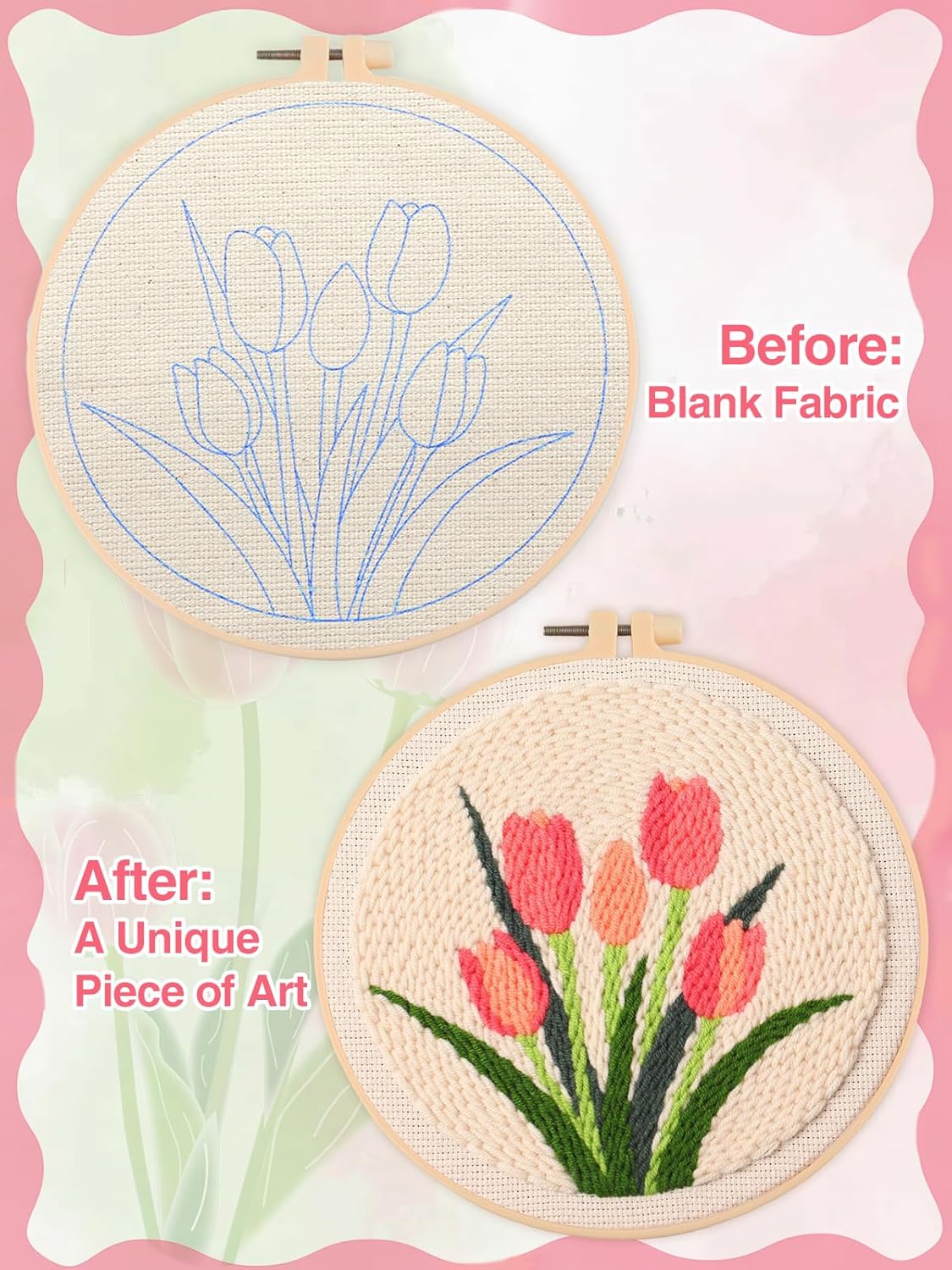 Punch Needle Kit Adults Beginner- Step-by-Step Guide & Video, Including Punch Needle Fabric with Pattern/Hoop/Needle/Yarns, Spring Embroidery Craft Kits, Easy Hobby Gifts for Women, Tulip image 4