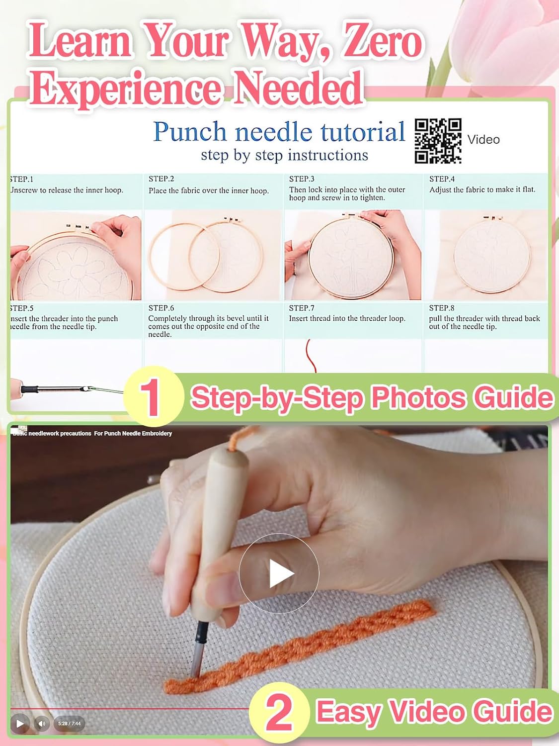 Punch Needle Kit Adults Beginner- Step-by-Step Guide & Video, Including Punch Needle Fabric with Pattern/Hoop/Needle/Yarns, Spring Embroidery Craft Kits, Easy Hobby Gifts for Women, Tulip image 5